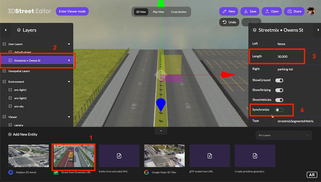 Screenshot of editor changing street length.